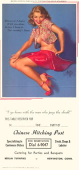 Earl Moran, carte de r�servation avec pin-up pr�d�coup�e pour pliage en relief